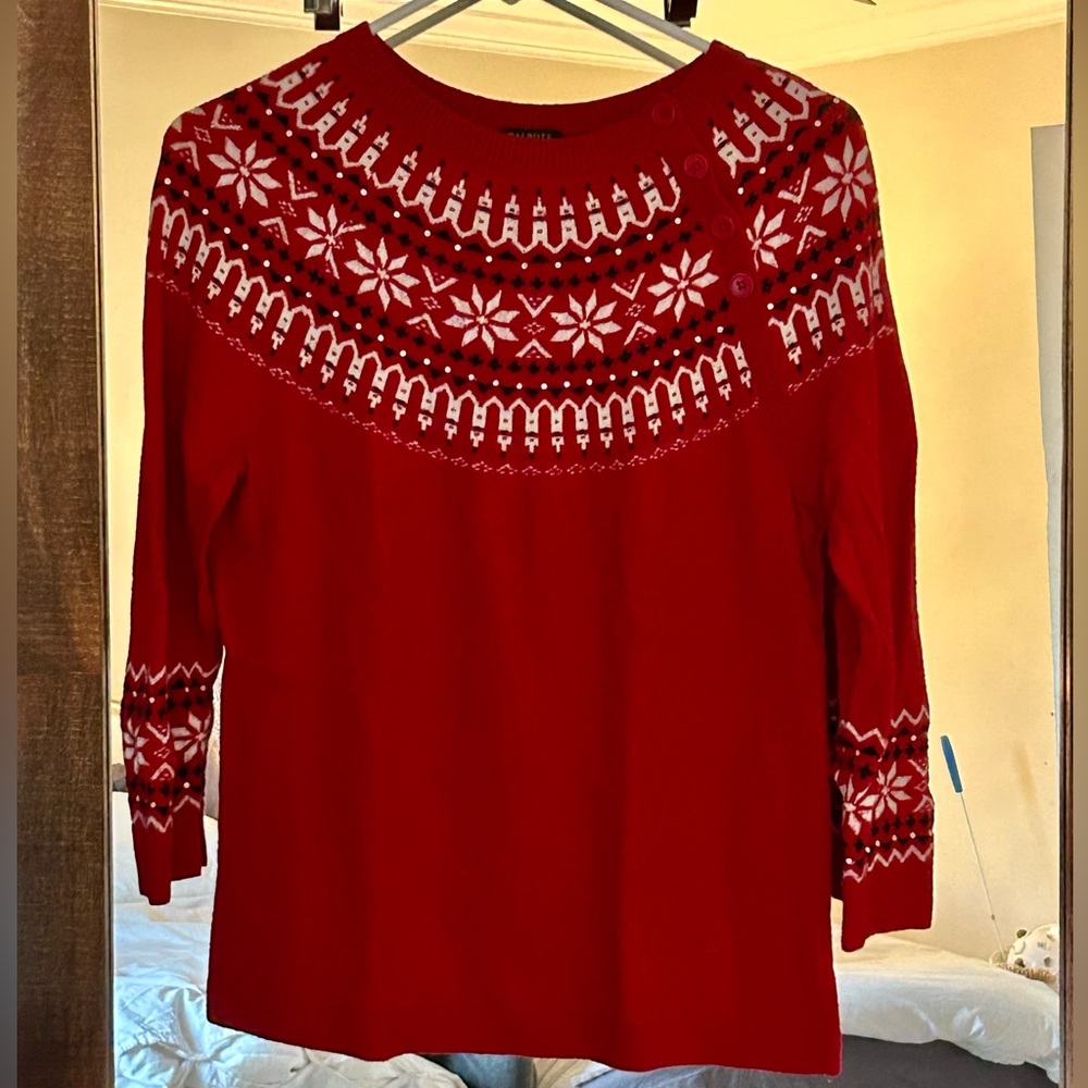 Talbots Petite M Red Fair Isle Sweater